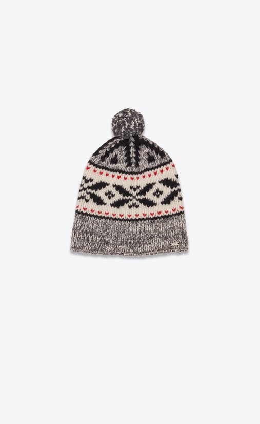 SAINT LAURENT Chapeaux Homme Bonnet de montagne à pompon en maille noire ivoire et rouge a_V4